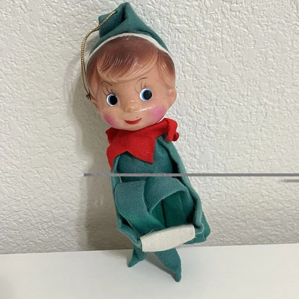 Vintage Knee Hugger Elf Pixie Doll Christmas Ornaments Rubber Face Lot of 2